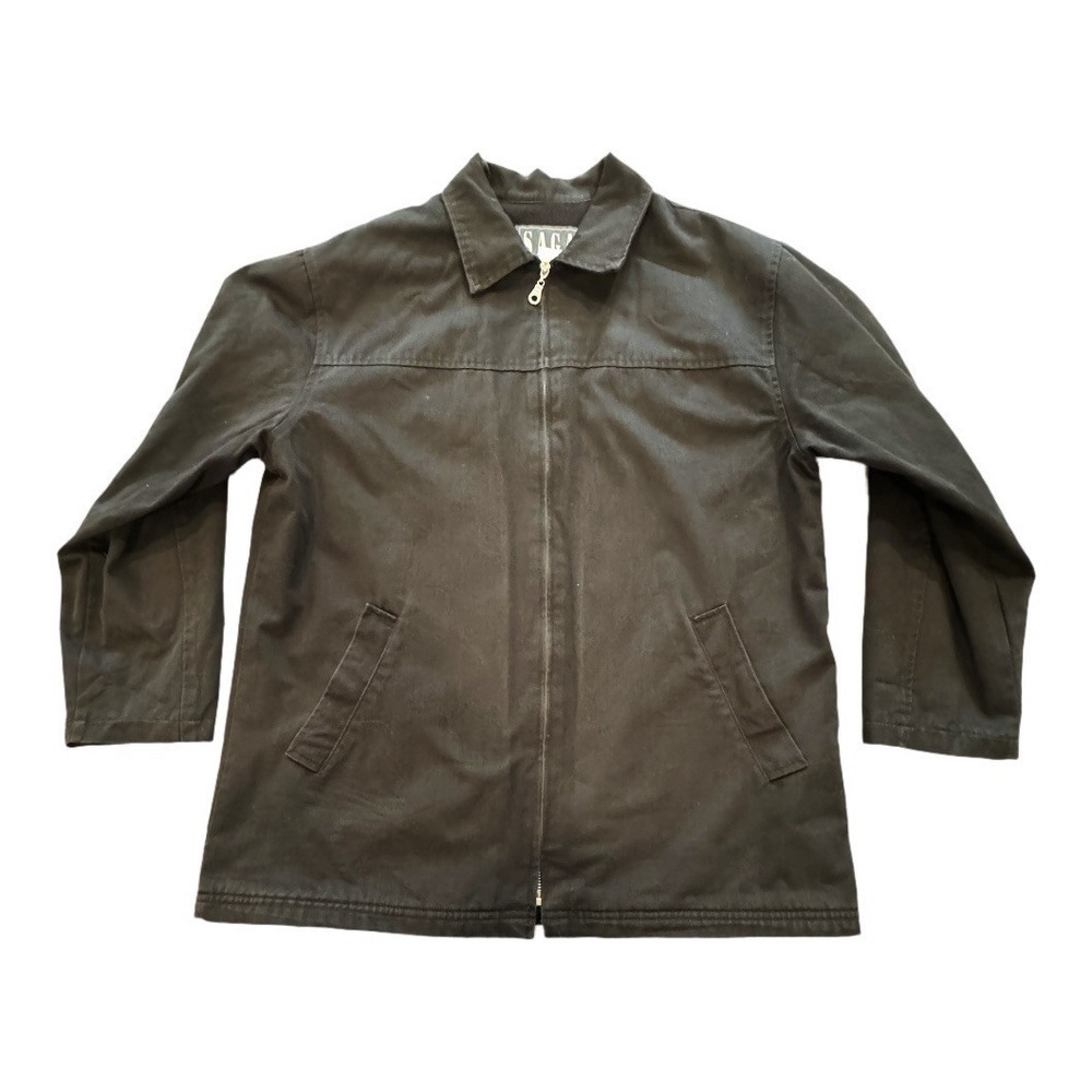 Saga Vintage Made In USA Black Collared Full Zip‎ Up Bomber Jacket M 100% Cotton